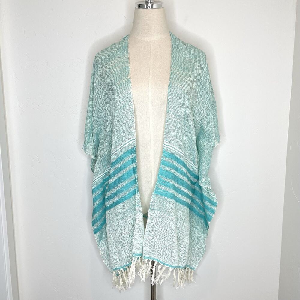 Abrazo Style Poncho Womens Small Aqua Teal Woven Fringed Open Front